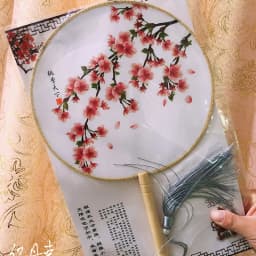 Chinese Style Antique Translucent Handheld Round Circular Fan Vintage Lotus Flower Print Dancing Paddle Hand Fans with Wooden Ha
