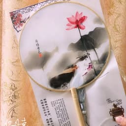 Chinese Style Antique Translucent Handheld Round Circular Fan Vintage Lotus Flower Print Dancing Paddle Hand Fans with Wooden Ha