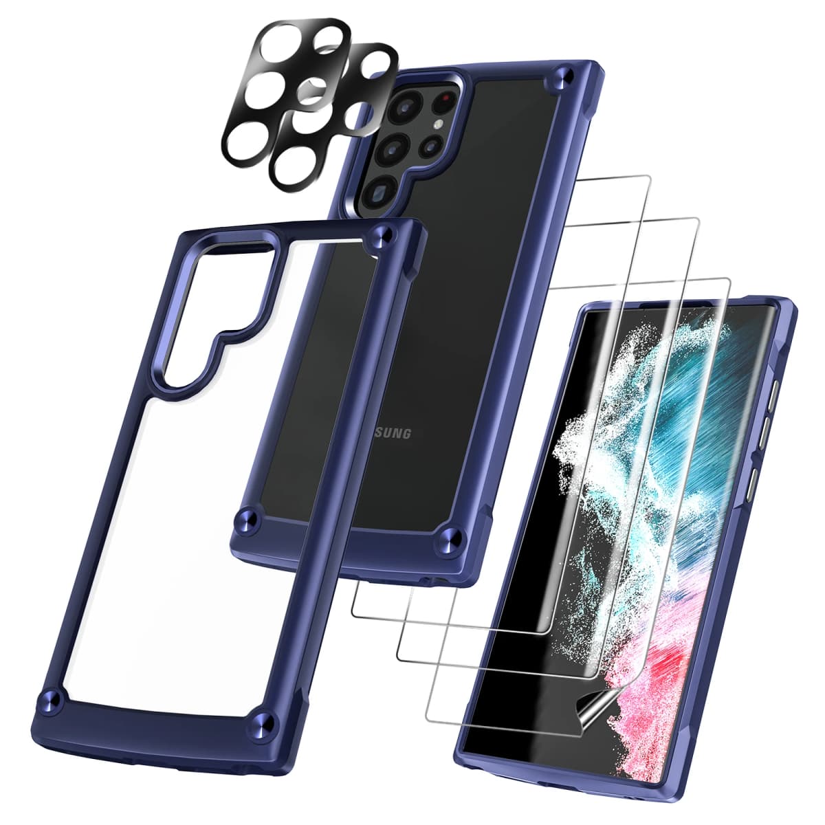 [6-in-1] for Samsung Galaxy S22 Ultra Case,2 Packs Camera Lens Protector + 3 Packs Soft Screen Protector,All-Round Protection