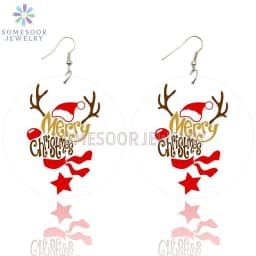 SOMESOOR Cute Santa Baby Elk Wooden Drop Earrings Jewelry For Women Girl Gifts Christmas Holiday New Year Wood Loops Ear Dangle