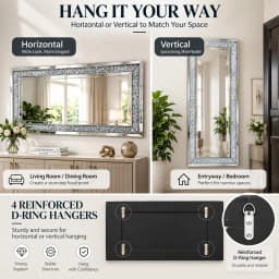 Large Decorative Wall Mirror 47.2 x 23.6 Inch Silver Crystal Rectangle Mirror Wall Mounted for Living Room Bedroom Entryway