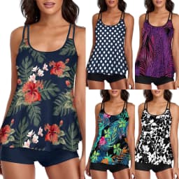 Flowy Tankini Bathing Suits For Women Push Up Padded Tummy Control Swimsuits Two Piece Swimwear Tank Tops With Boyshorts