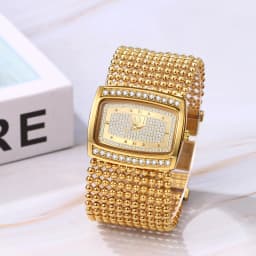 Lancardo Rectangular Diamond Gold Watch Large Dial Beaded Bracelet Simulating Quartz Exquisite Fashion Adjustable Jewelry Buckle