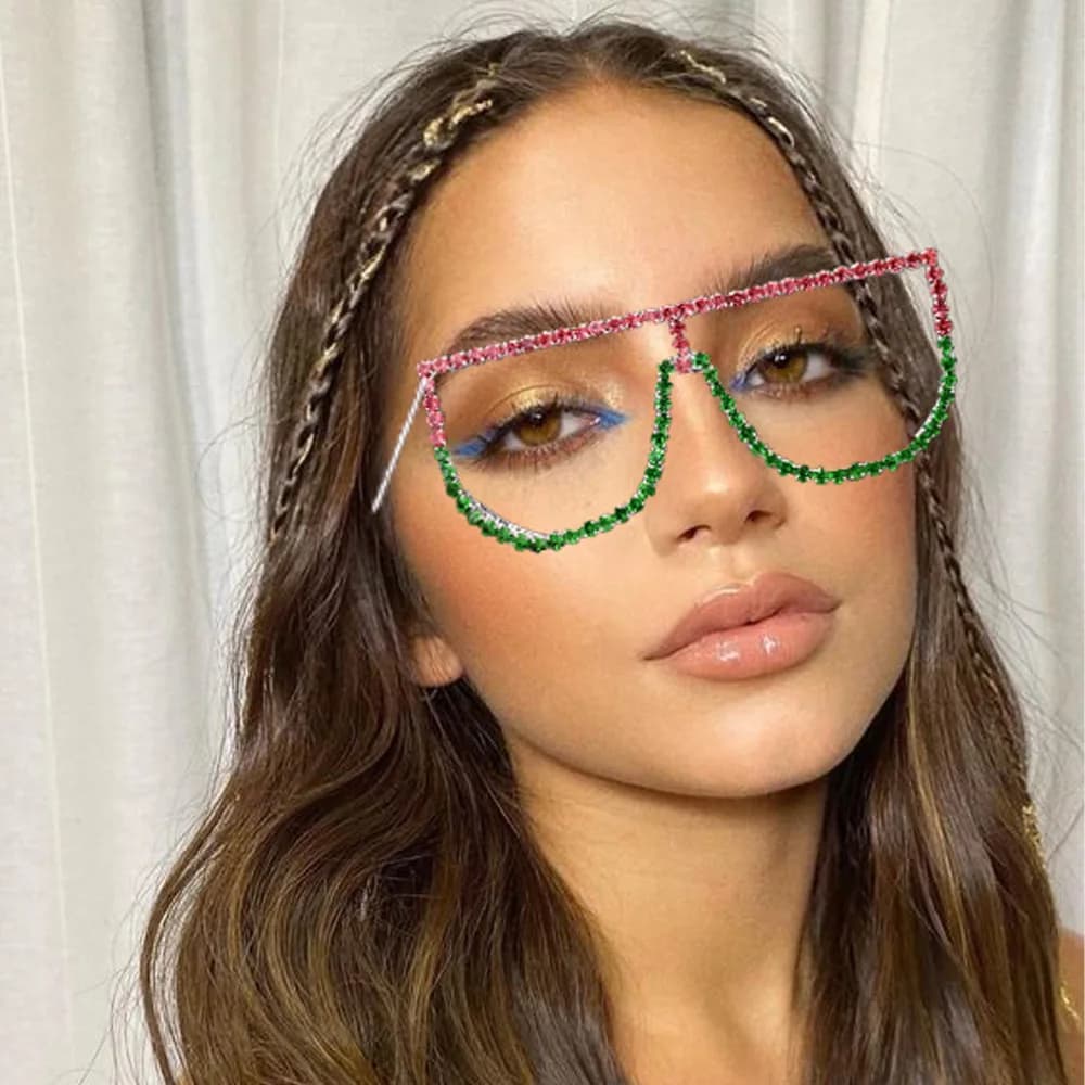 Stonefans New Pind and Green Patchwork Eyeglass Frames for Women 2024 Vintage Oversized Face Hair Jewelry Accessories Sunglasses