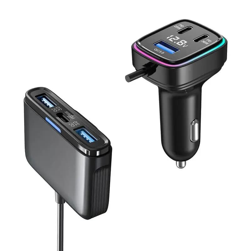 Car USB Charger Multiport Multiport USB C Car Charger 6 Port Car Phone Charger Adapter with Voltage Display 1.5m/4.92Ft