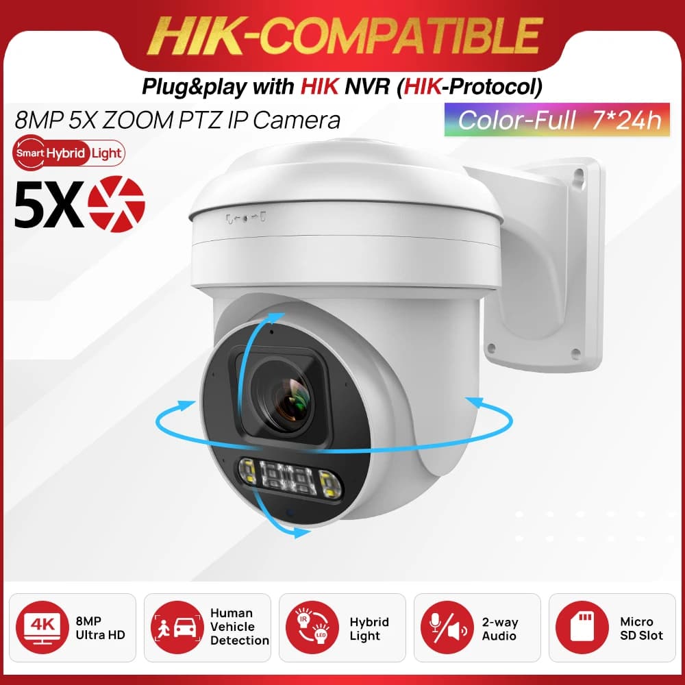 8MP ColorVu PTZ IP Camera 5X Zoom Hybrid Light 2-way Audio SD Card Slot Network CCTV Camera Hikvision Compatible