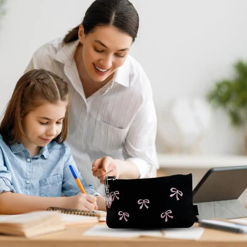 Student Pencil Case Zipper Embroidery Bow Pencil Bag Exquisite Sewing Process Pencil Pouch For High School Middle School College