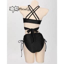 MEOWCOS Women Gothic Swimwear Fishnet Hollow Black Two Piece Swimsuit Halter Short Top and High Waist Bottoms Bathing Suit