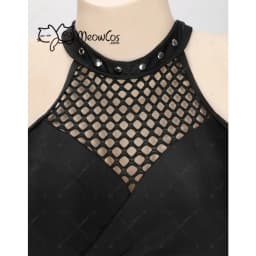 MEOWCOS Women Gothic Swimwear Fishnet Hollow Black Two Piece Swimsuit Halter Short Top and High Waist Bottoms Bathing Suit
