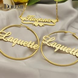 DOREMI One Name Earrings and Necklace set Tile Chain Round Regular Hoops Earrings Custom Letter Hoop Personalized Name Earrings