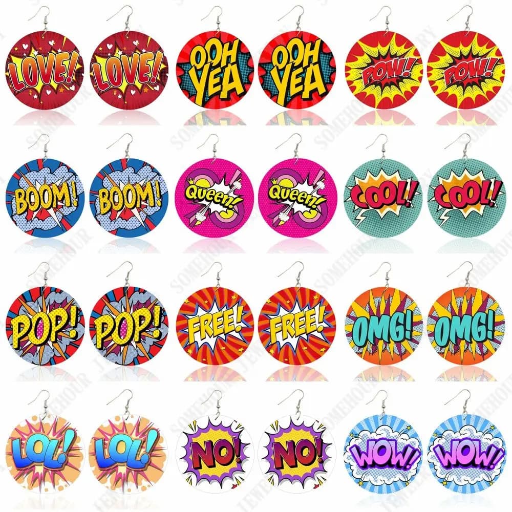 SOMEHOUR Love Queen Boom Comic Print Wooden Drop Earrings OMG LOL Bubble Cartoon Cute Pop Loops Dangle Jewelry Women Girls Gift