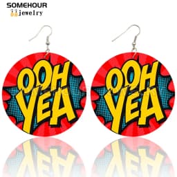 SOMEHOUR Love Queen Boom Comic Print Wooden Drop Earrings OMG LOL Bubble Cartoon Cute Pop Loops Dangle Jewelry Women Girls Gift