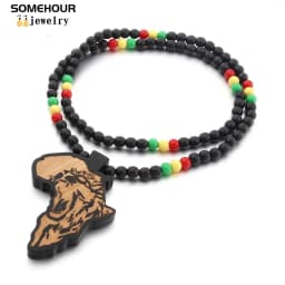 SOMEHOUR King Lion Africa Map Pendant Necklace String Wood Beads Chains Peace Symbol Power Fist Hiphop Jewelry For Women Men