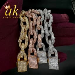 Aokaishen Bracelet for Men Box Cuban Link Charms Cubic Zircon Gold Plated Hip Hop Jewelry Spring Clasp