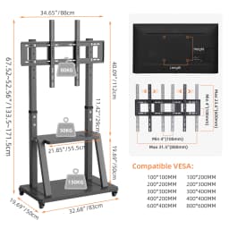 Heavy Duty Mobile TV Cart Stand Height Adjustable Stable TV Trolley with 2 Tier Storage Shelves