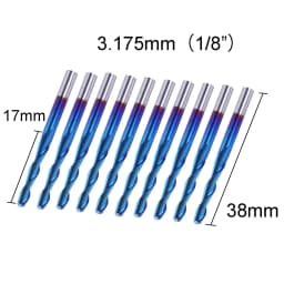 Genmitsu 10Pcs Nano Blue Coat Flat Nose End Mill CNC Router Bits, 1/8" Shank Spiral Upcut, 1 Flute/2 Flute End Mill Set