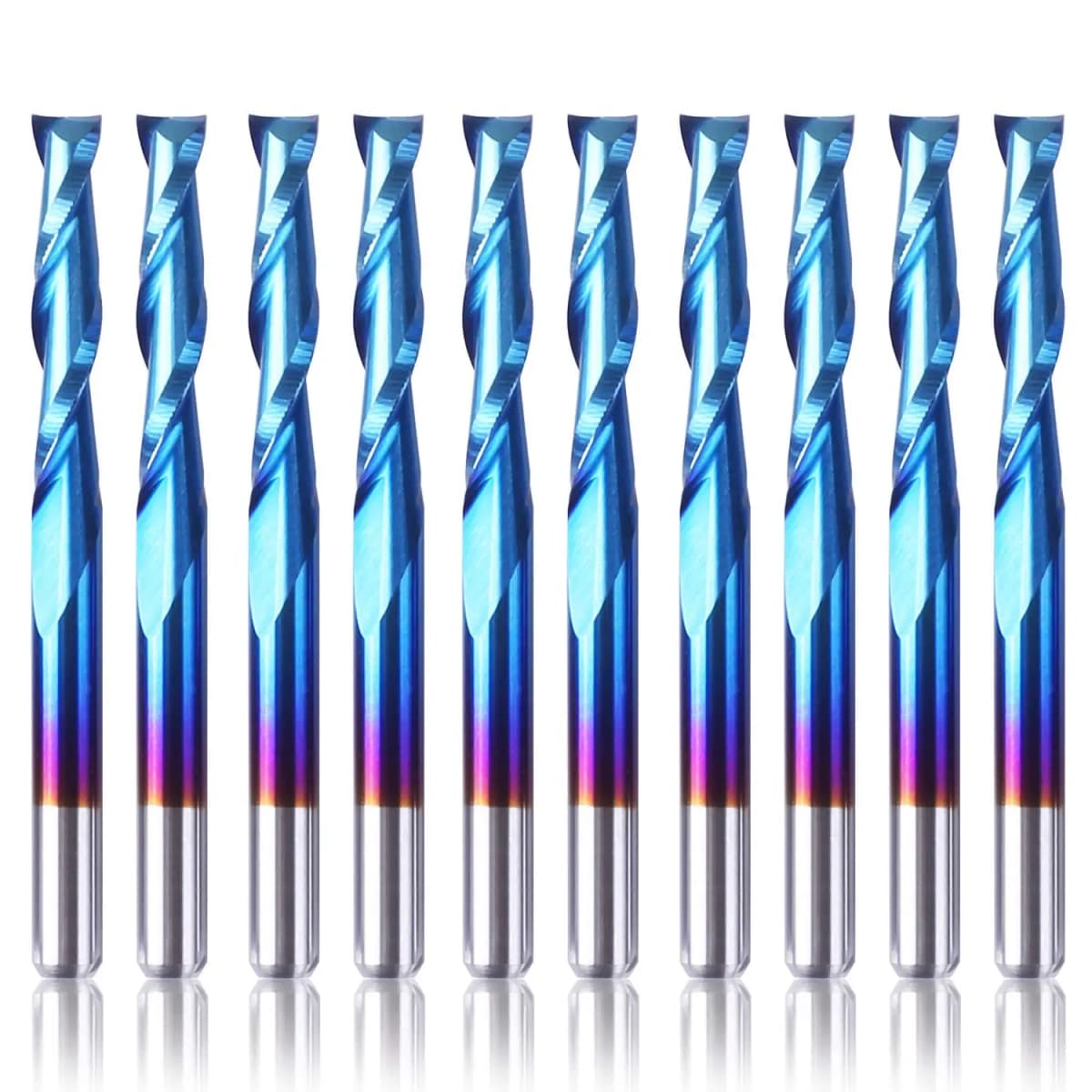 Genmitsu 10Pcs Nano Blue Coat Flat Nose End Mill CNC Router Bits, 1/8" Shank Spiral Upcut, 1 Flute/2 Flute End Mill Set