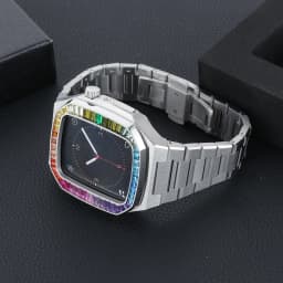 Luxury Diamond Stainless Steel Case Modification Kit for Apple Watch 6 5 4 SE Rubber&Leather Band IWatch Series 44mm Refit Mod