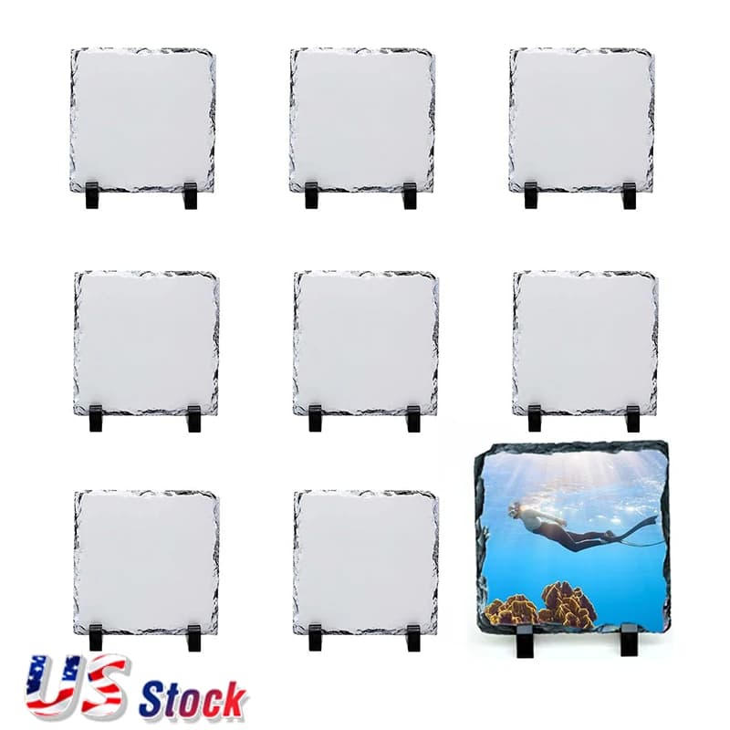 US Stock 20Pcs 7.87in x 7.87in Sublimation Square Photo Slate Rock Plaque Blanks with Stand For Desktop Souvenir DIY Custom Gift