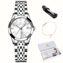 OLEVS 9989 Luxury Women's Watches Prismatic Mirror Stainless steel Waterproof Dual Calendar Elegant Quartz Watch for Ladies Set