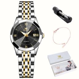 OLEVS 9989 Luxury Women's Watches Prismatic Mirror Stainless steel Waterproof Dual Calendar Elegant Quartz Watch for Ladies Set