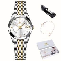 OLEVS 9989 Luxury Women's Watches Prismatic Mirror Stainless steel Waterproof Dual Calendar Elegant Quartz Watch for Ladies Set