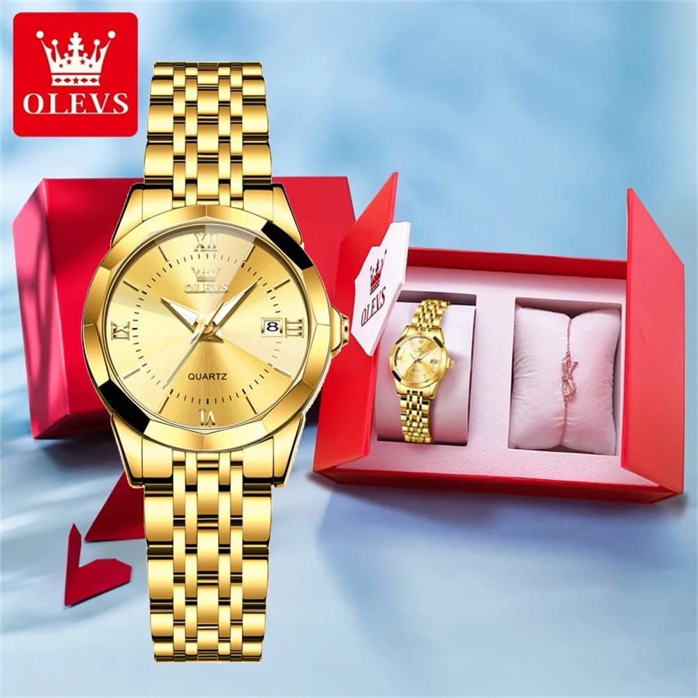 OLEVS 9989 Luxury Women's Watches Prismatic Mirror Stainless steel Waterproof Dual Calendar Elegant Quartz Watch for Ladies Set