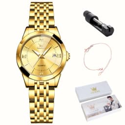 OLEVS 9989 Luxury Women's Watches Prismatic Mirror Stainless steel Waterproof Dual Calendar Elegant Quartz Watch for Ladies Set