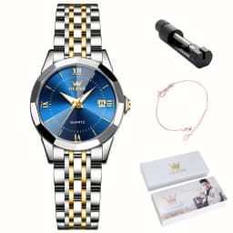 OLEVS 9989 Luxury Women's Watches Prismatic Mirror Stainless steel Waterproof Dual Calendar Elegant Quartz Watch for Ladies Set