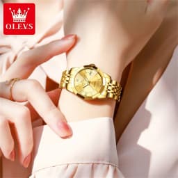 OLEVS 9989 Luxury Women's Watches Prismatic Mirror Stainless steel Waterproof Dual Calendar Elegant Quartz Watch for Ladies Set