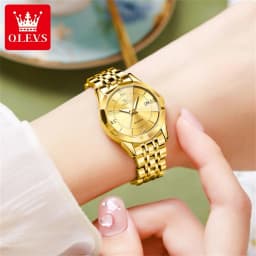 OLEVS 9989 Luxury Women's Watches Prismatic Mirror Stainless steel Waterproof Dual Calendar Elegant Quartz Watch for Ladies Set