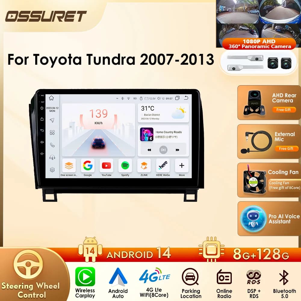 4G LTE Octa Core Android 14 Car Multimedia Player GPS Navigation Support Carplay for Toyota Tundra 2007-2013 Sequoia 2008-2017