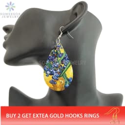 SOMESOOR Van Gogh Starry Night Art Printed Wooden Drop Earrings Golden Field Village Teardrop Pendant Dangle Jewelry Women Gifts