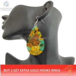 SOMESOOR Van Gogh Starry Night Art Printed Wooden Drop Earrings Golden Field Village Teardrop Pendant Dangle Jewelry Women Gifts