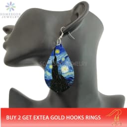 SOMESOOR Van Gogh Starry Night Art Printed Wooden Drop Earrings Golden Field Village Teardrop Pendant Dangle Jewelry Women Gifts