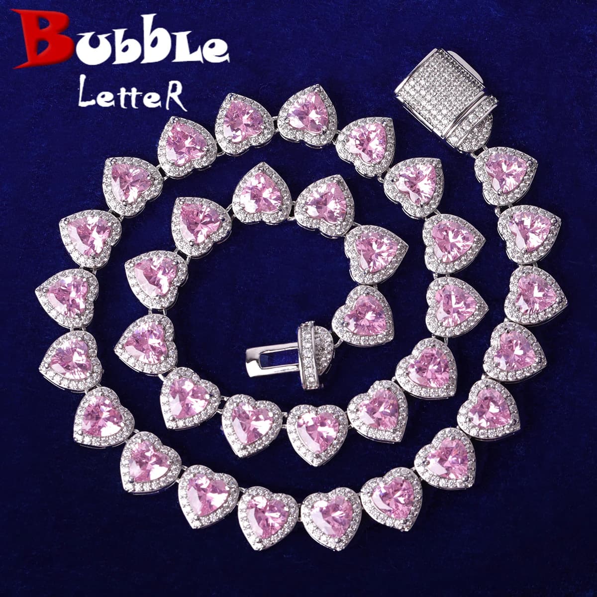 Bubble Letter Clustered Heart Tennis Chain for Women Glossy Girl Choker Prong Setting Necklace Pink Hip Hop Jewelry