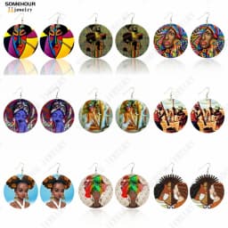 SOMEHOUR African Art Drawings Handmade Wooden Drop Earrings Afro Ethnic Combs Headwrap Printed Tribal Loops Dangle For Women