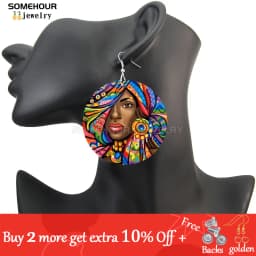 SOMEHOUR African Art Drawings Handmade Wooden Drop Earrings Afro Ethnic Combs Headwrap Printed Tribal Loops Dangle For Women