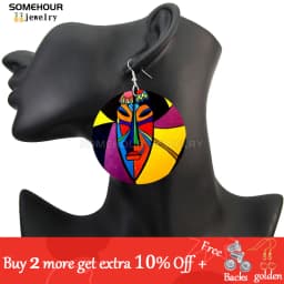 SOMEHOUR African Art Drawings Handmade Wooden Drop Earrings Afro Ethnic Combs Headwrap Printed Tribal Loops Dangle For Women