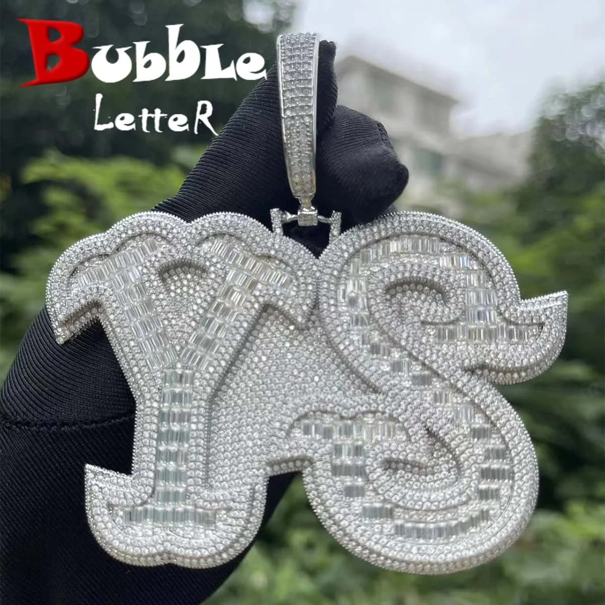 Bubble Letter Men Necklace Custom Name Pendant Iced Out Personalized Baguette Charms Hip Hop Jewelry
