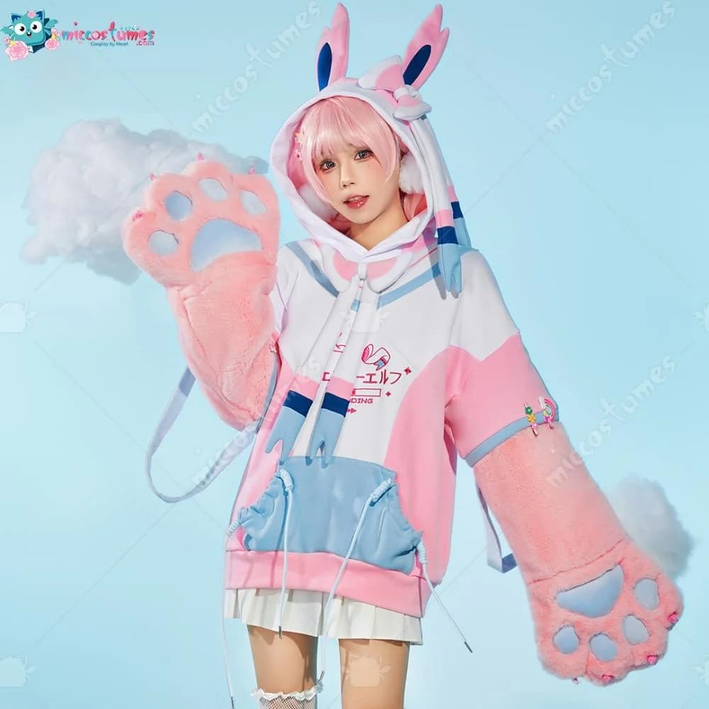 【Ready for Ship】Miccostumes PM Derivative Pink Pullover Hoodie with Detachable Bag Design Furry Cat Paw Gloves Kawaii Sweatshirt