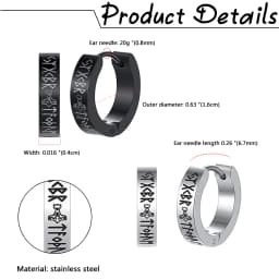 BONISKISS 2 Pairs Norse Viking Earrings Stainless Steel Nordic Elder Futhark Runes Hoop Huggie Hinged Fake Stud Men Women Unisex