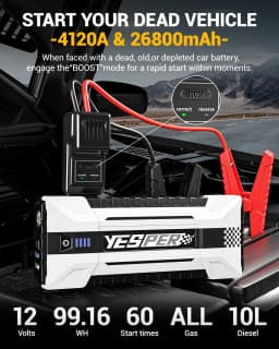 YESPER 4120A Jump Starter for All Gas & 10L Diesel, 26800mAh 12V Portable Booster with Case & Cables, Car SUV Truck