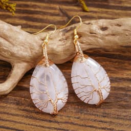 Handmade Teardrop Rose Quartz Crystal Dangle Earrings for Women, Wire Craft Tree of Life Earrings
