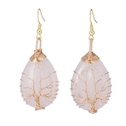 Handmade Teardrop Rose Quartz Crystal Dangle Earrings for Women, Wire Craft Tree of Life Earrings