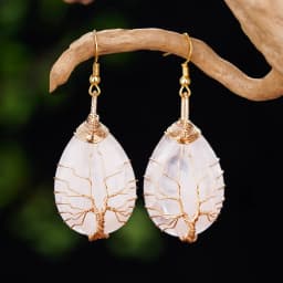 Handmade Teardrop Rose Quartz Crystal Dangle Earrings for Women, Wire Craft Tree of Life Earrings