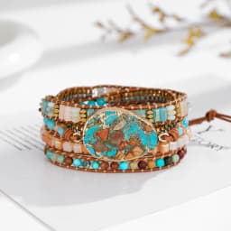 Boho Handmade Natural Stone Beaded Bracelets Turquoise Blue Jasper Hematite Crystal 5 Wraps Bracelet for Women Men