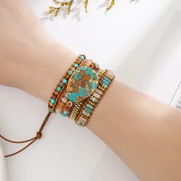 Boho Handmade Natural Stone Beaded Bracelets Turquoise Blue Jasper Hematite Crystal 5 Wraps Bracelet for Women Men