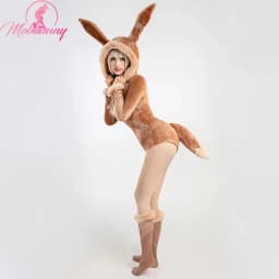 Mobbunny PM Derivative Women Sexy Lingerie Bodysuit Plush Fluffy Hooded Deep V Romper and Socks with Belt and Tail