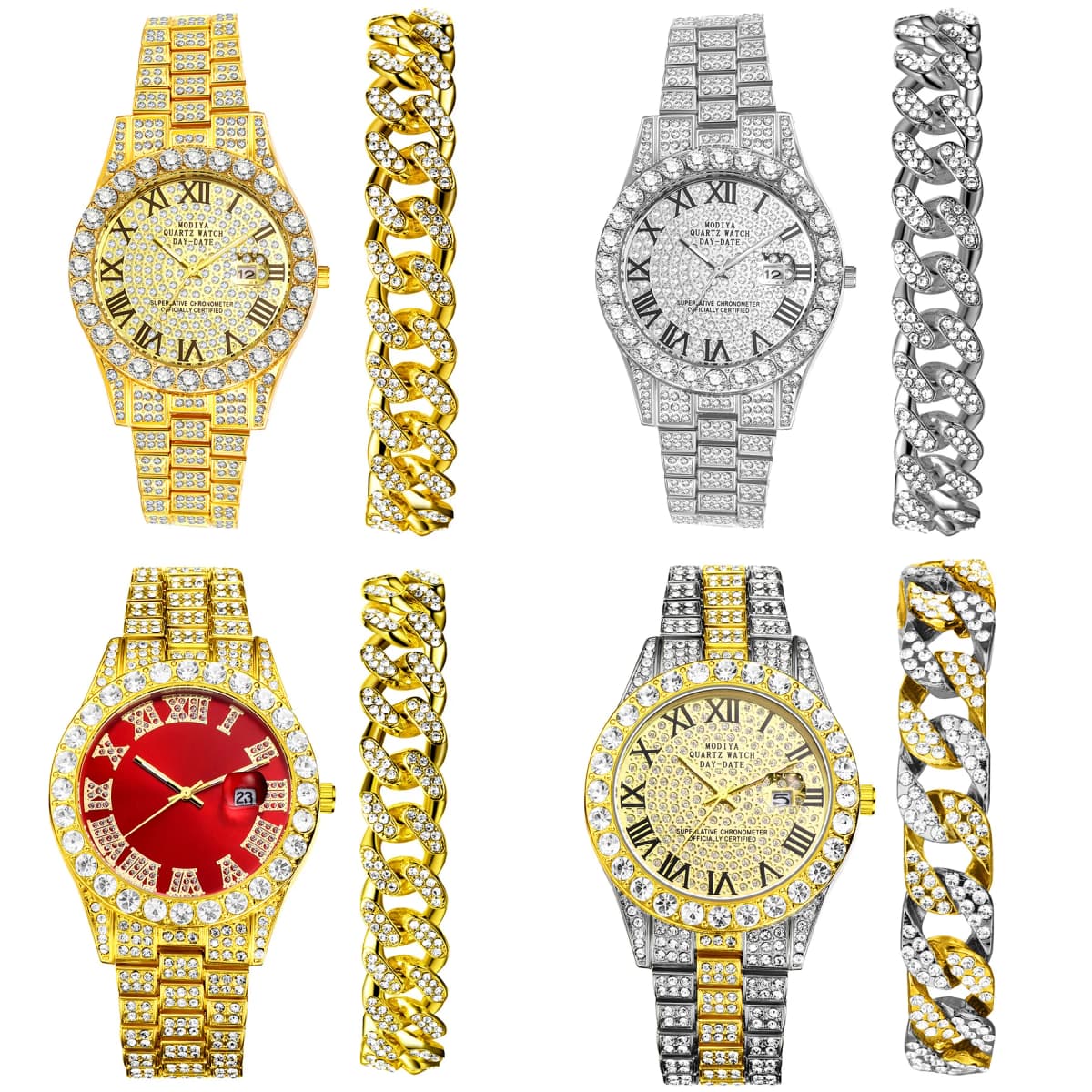 Lancardo Mens Luxury CZ Date Dial Quartz Wristwatch Cuban Link Chain Bracelet Calendar Waterproof Business Watch Clock Xmas Gift